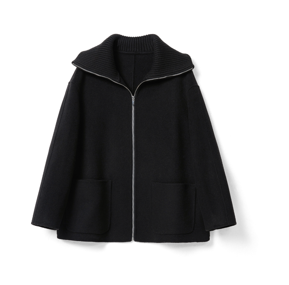 Yün Fermuarlı Stand Yaka Kısa Kaban