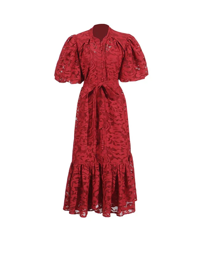 Patchwork Bow-Tie Balloon Sleeve Dress