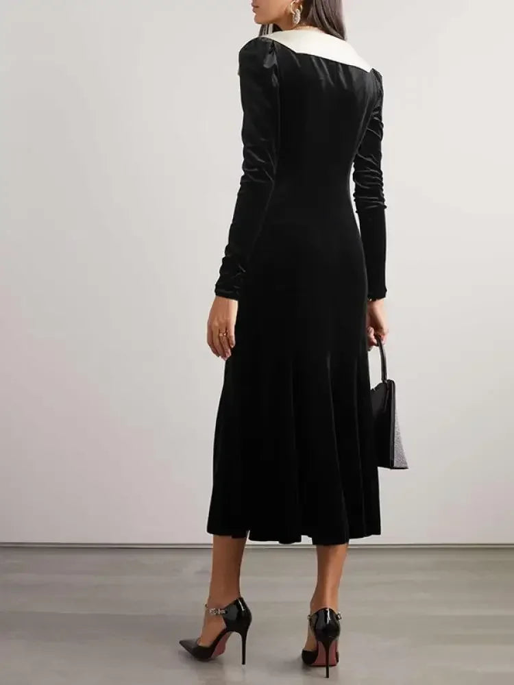 Black Velvet Maxi Dress – A-Line, Long Sleeve, Deep V-Neck