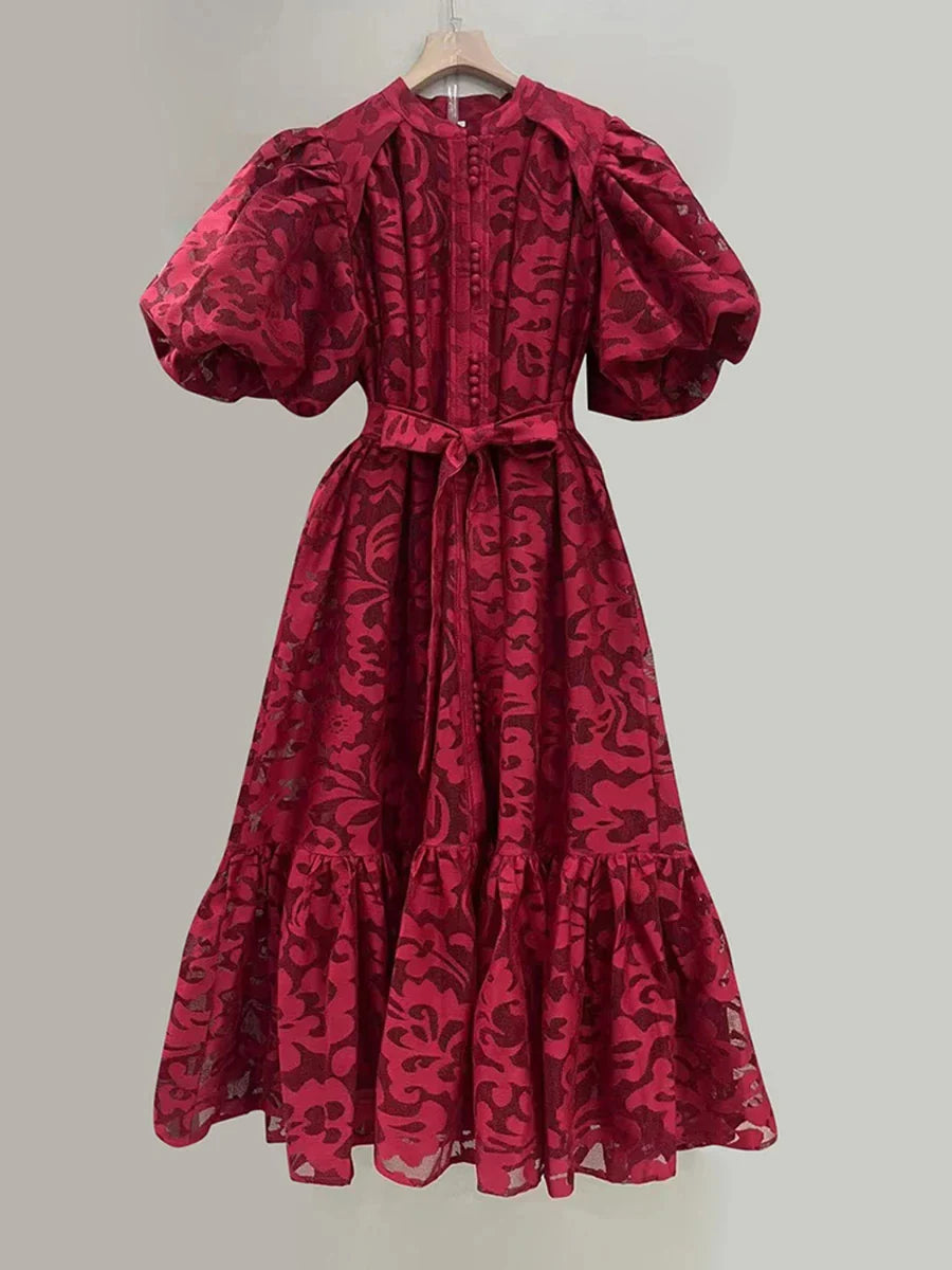 Patchwork Bow-Tie Balloon Sleeve Dress