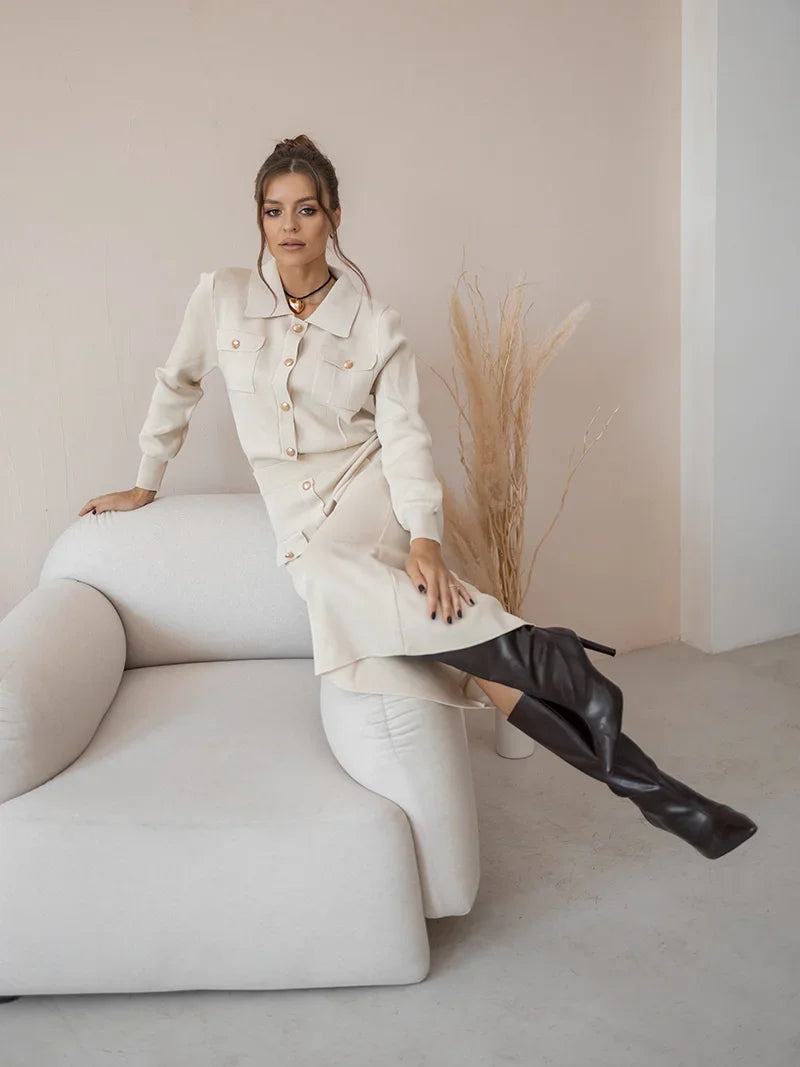 Elegant Knit Cardigan and Skirt Set
