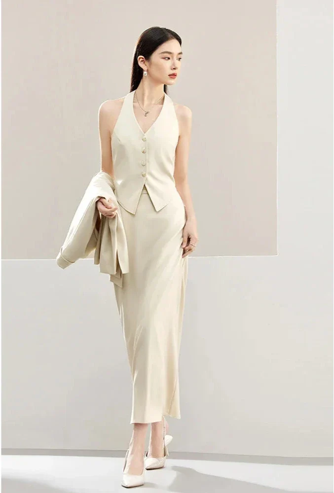 3-Piece Blazer Vest & Maxi Skirt Suit Set – Elegant Officewear Ensemble