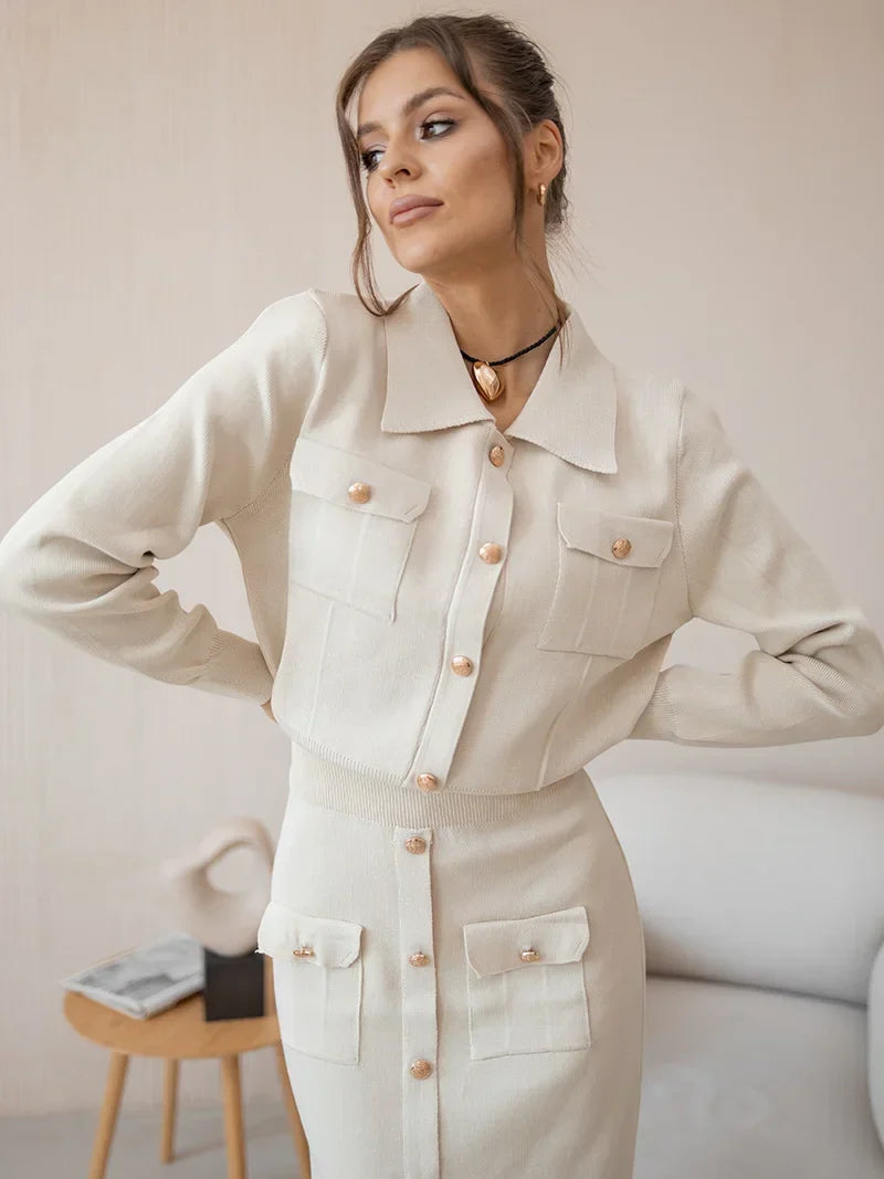 Elegant Knit Cardigan and Skirt Set