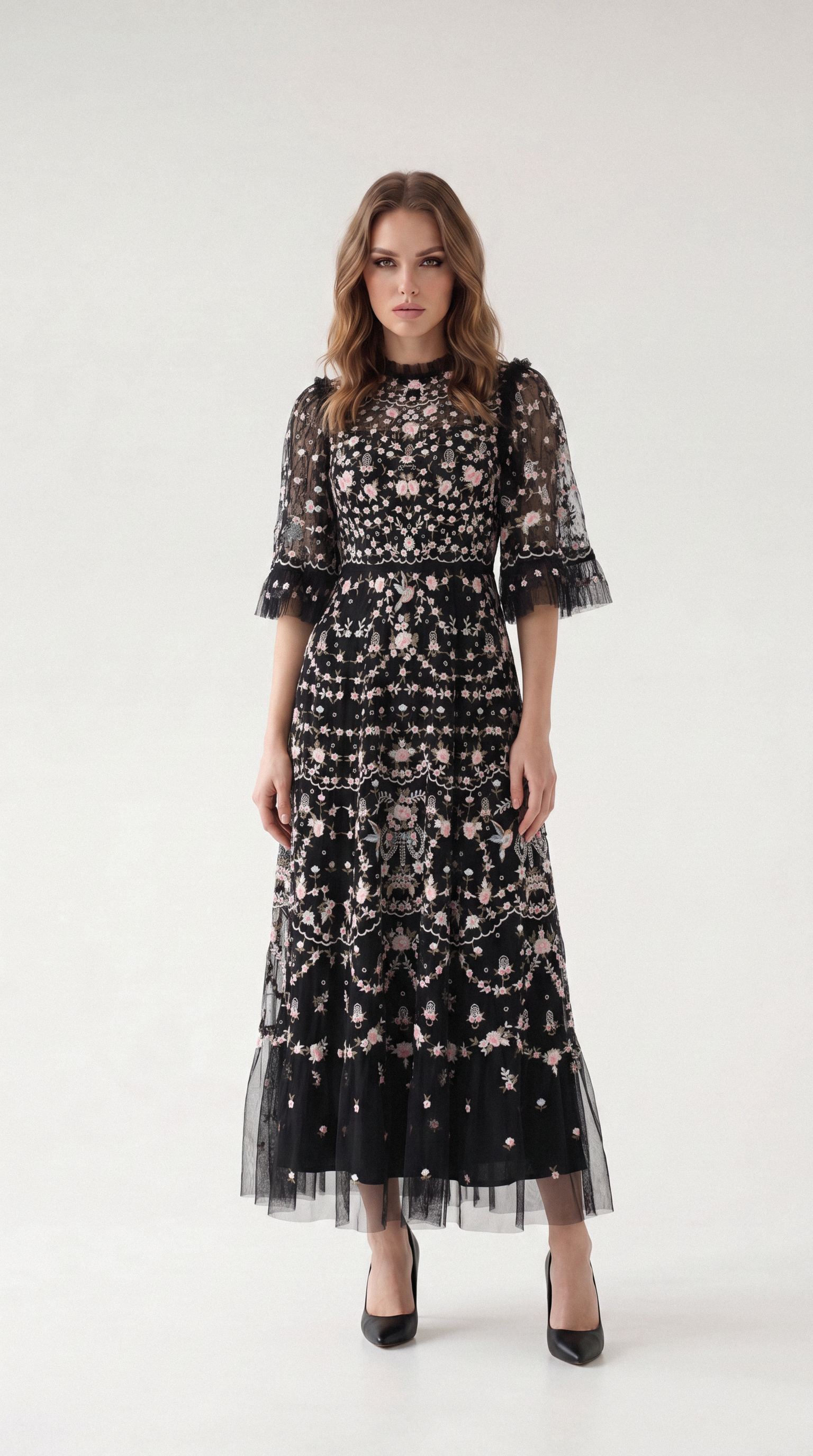 Belleza Princess-Cut Embroidered Maxi Evening Dress