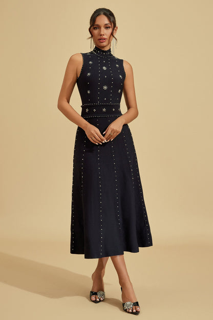 Elegant Embroidered High-Neck Midi Dress – A Statement of Sophisticated Style