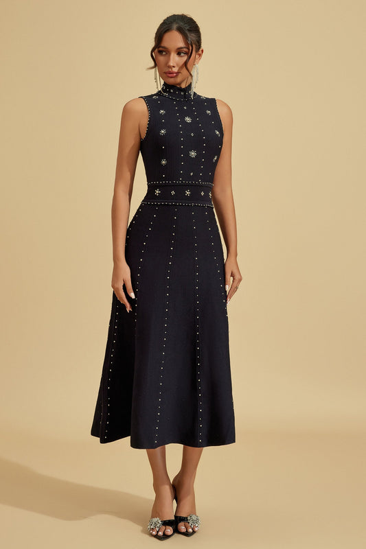 Elegant Embroidered High-Neck Midi Dress – A Statement of Sophisticated Style