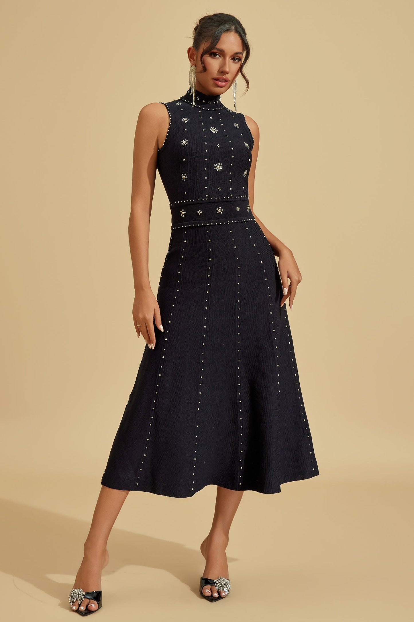 Elegant Embroidered High-Neck Midi Dress – A Statement of Sophisticated Style