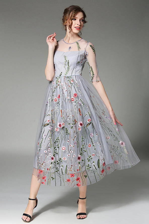 Tulle High-Neck Maxi Dress with Embroidered Details