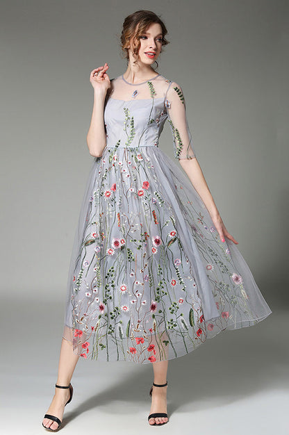 Tulle High-Neck Maxi Dress with Embroidered Details