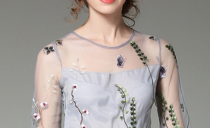 Tulle High-Neck Maxi Dress with Embroidered Details