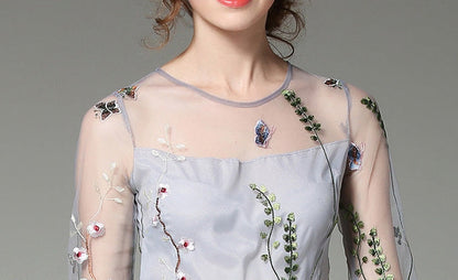 Tulle High-Neck Maxi Dress with Embroidered Details