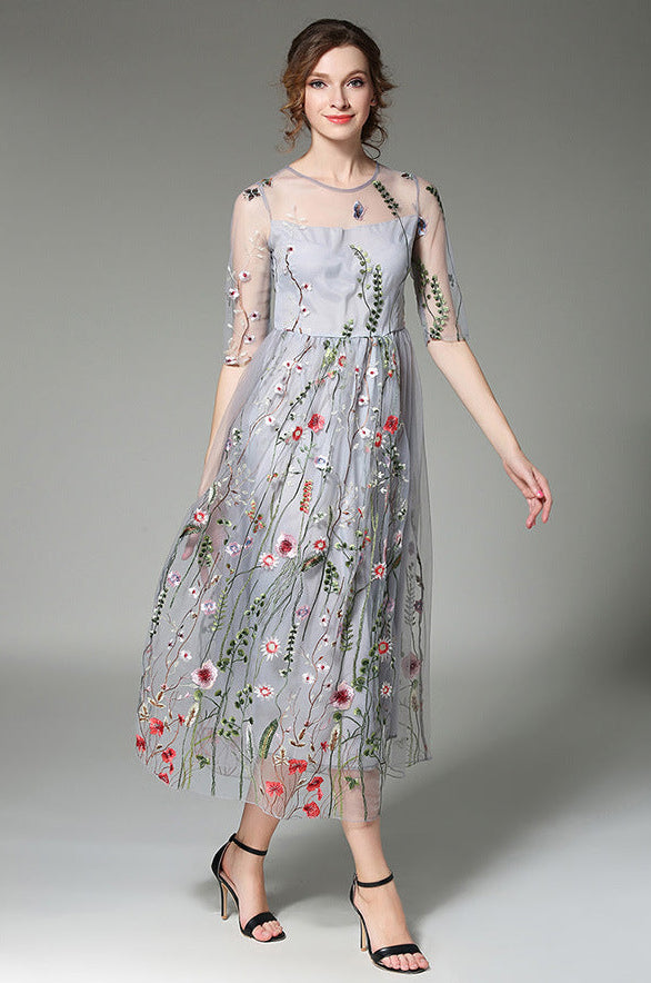 Tulle High-Neck Maxi Dress with Embroidered Details