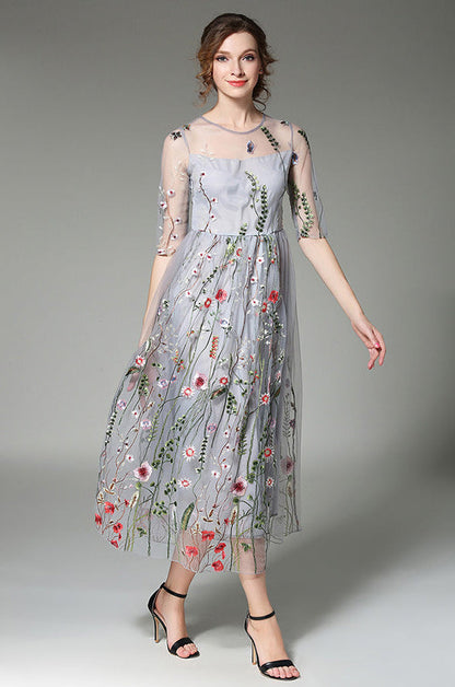 Tulle High-Neck Maxi Dress with Embroidered Details
