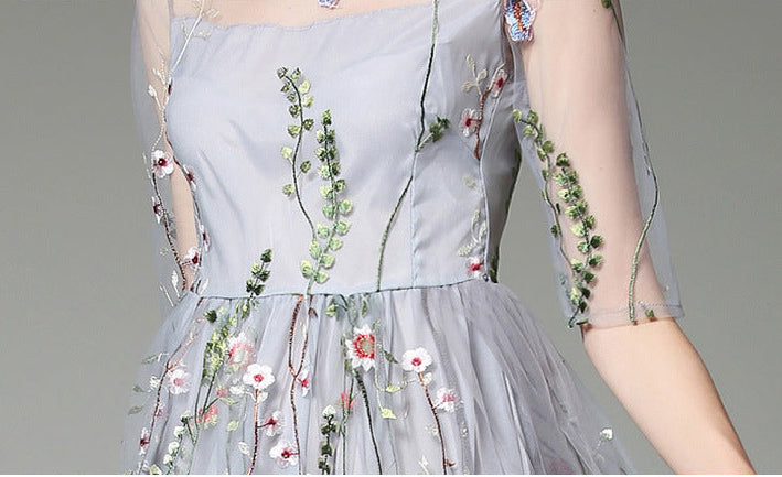 Tulle High-Neck Maxi Dress with Embroidered Details
