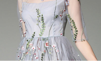 Tulle High-Neck Maxi Dress with Embroidered Details
