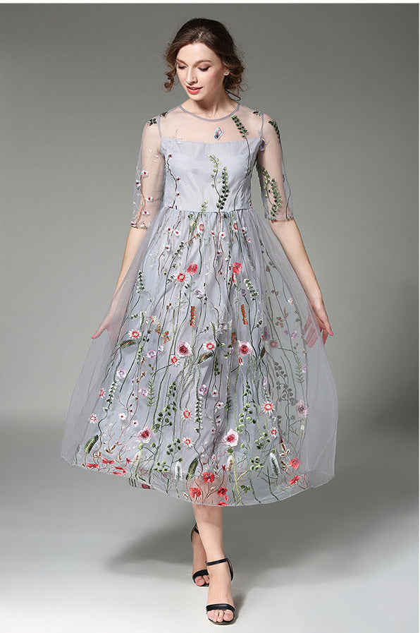 Tulle High-Neck Maxi Dress with Embroidered Details