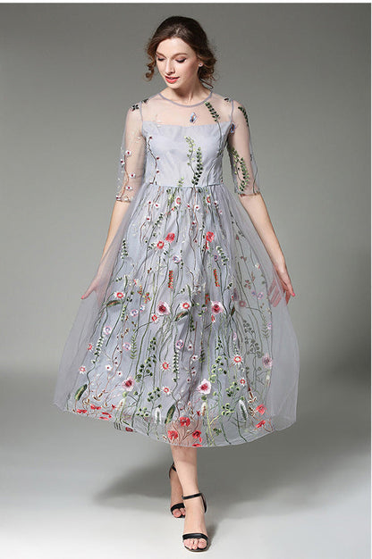 Tulle High-Neck Maxi Dress with Embroidered Details