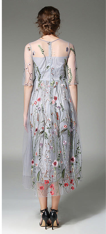 Tulle High-Neck Maxi Dress with Embroidered Details