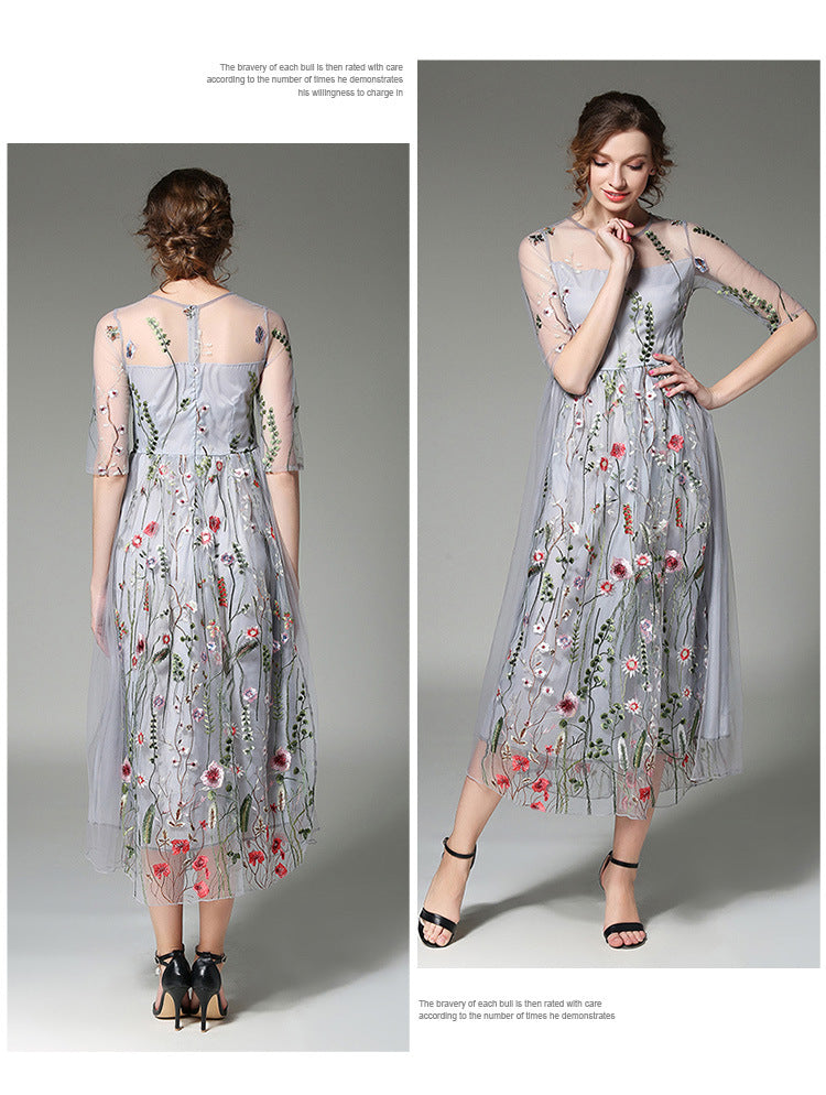 Tulle High-Neck Maxi Dress with Embroidered Details
