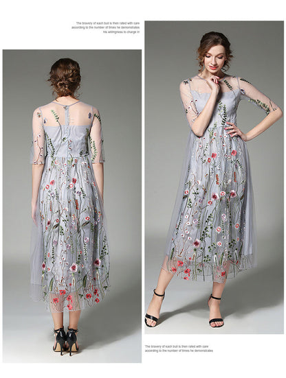 Tulle High-Neck Maxi Dress with Embroidered Details