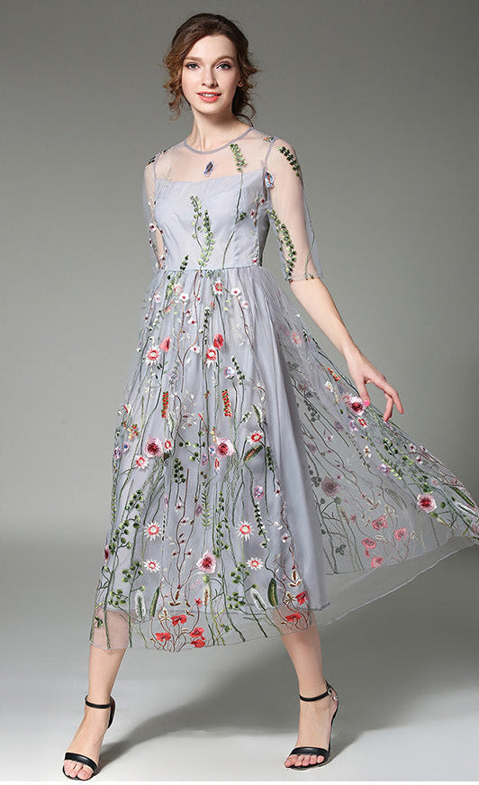 Tulle High-Neck Maxi Dress with Embroidered Details