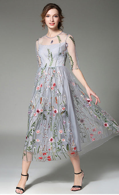 Tulle High-Neck Maxi Dress with Embroidered Details