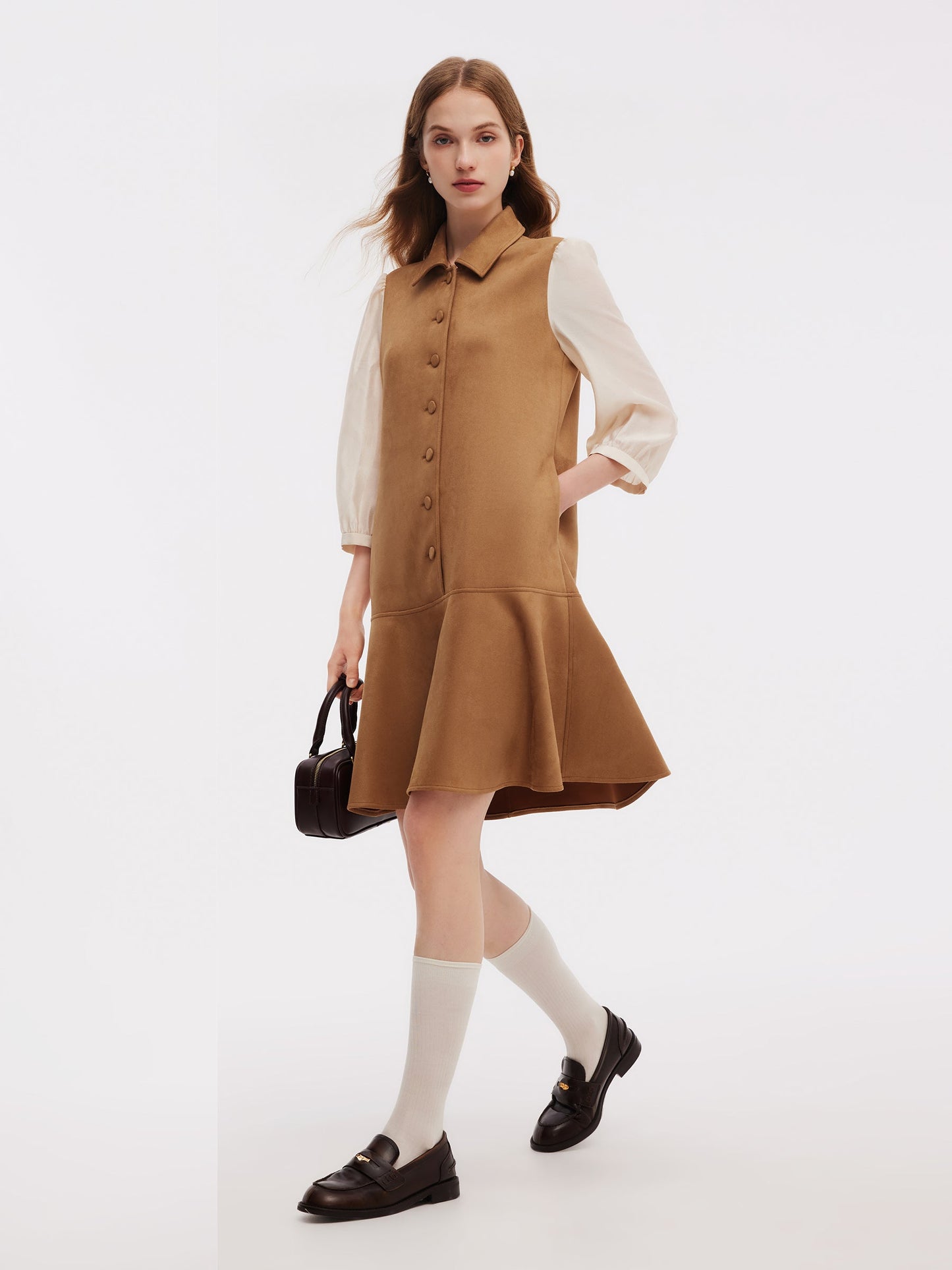 Brown Suede Lace-Spliced Mini Dress – Elegant Autumn Statement