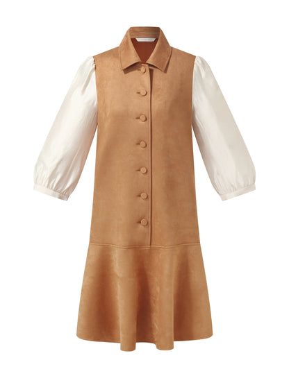 Brown Suede Lace-Spliced Mini Dress – Elegant Autumn Statement