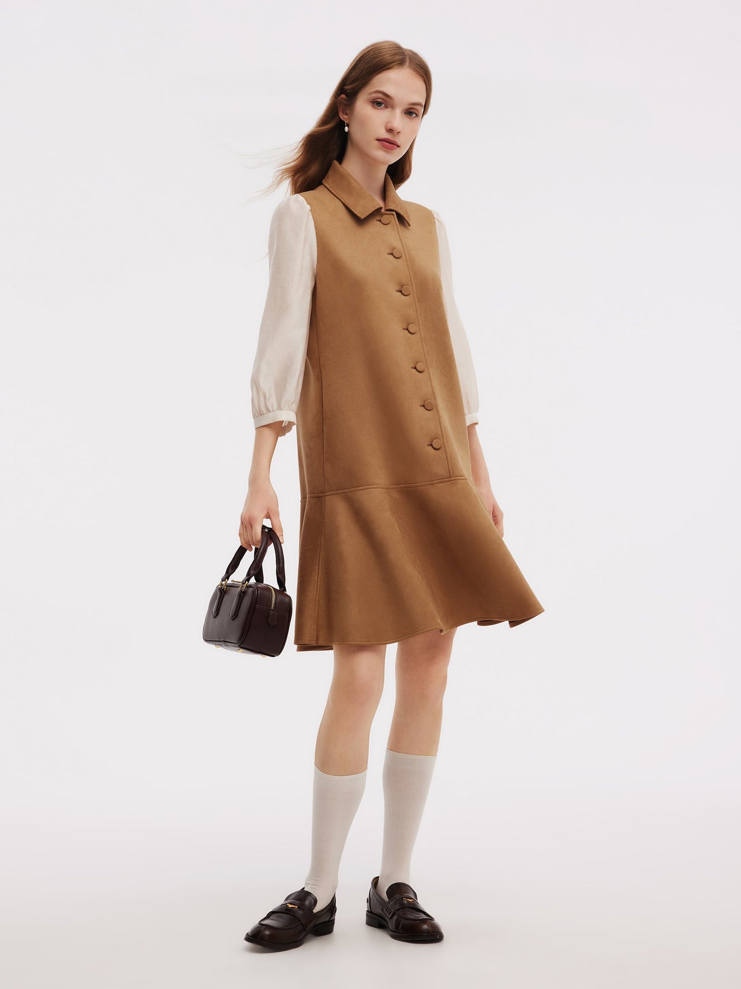 Brown Suede Lace-Spliced Mini Dress – Elegant Autumn Statement