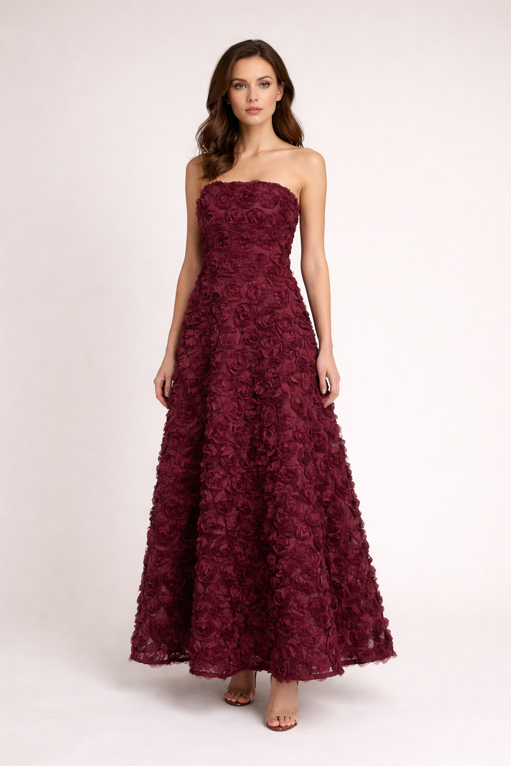 Burgundy 3D Floral Strapless Maxi Dress