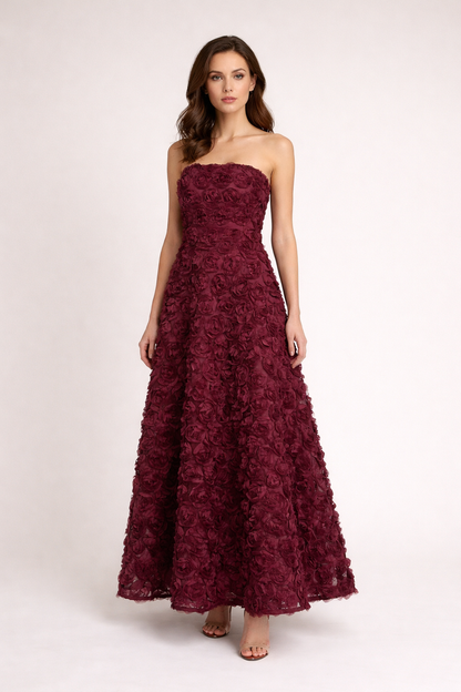 Burgundy 3D Floral Strapless Maxi Dress