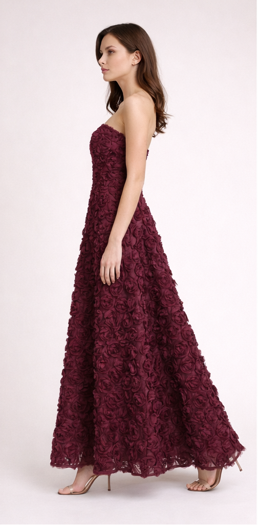 Burgundy 3D Floral Strapless Maxi Dress