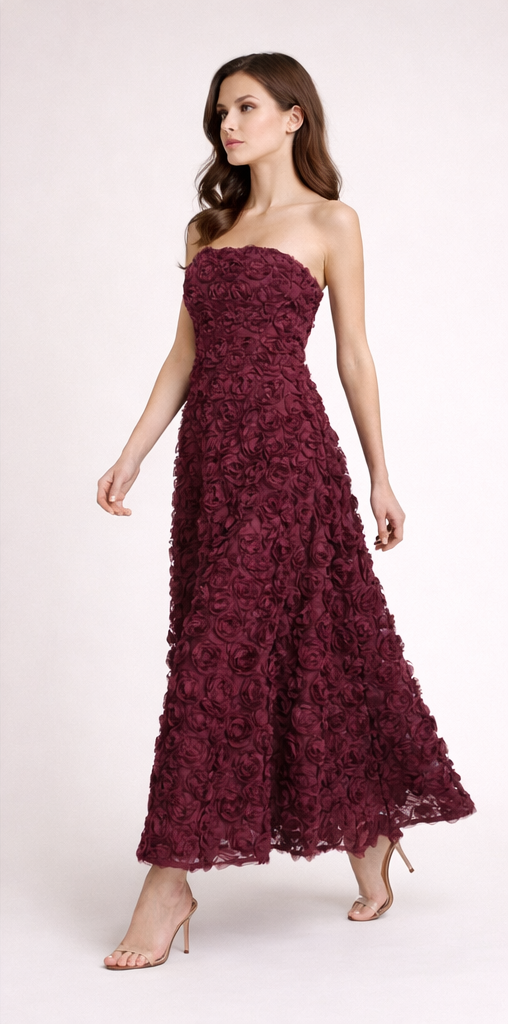 Burgundy 3D Floral Strapless Maxi Dress