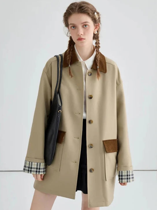 British Style Mid-Length Contrast Color Trench Coat