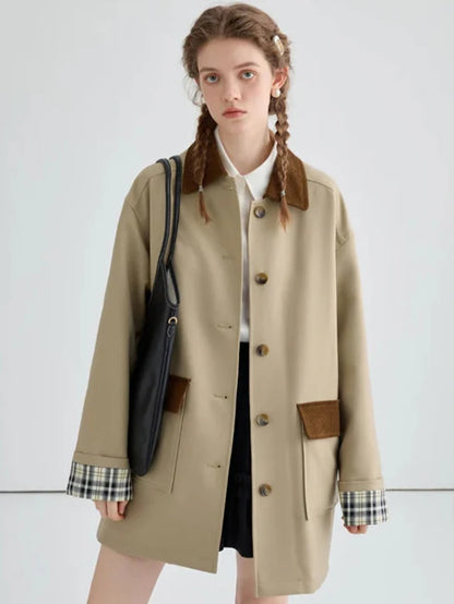 British Style Mid-Length Contrast Color Trench Coat
