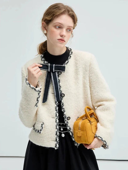 Short Wool Elegant Bow Detail Jacket