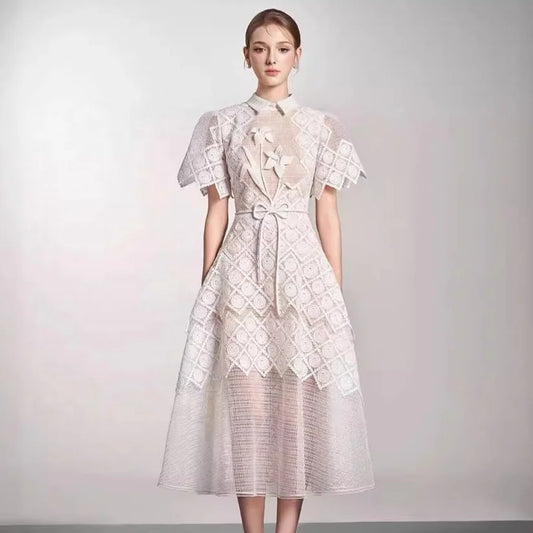 Elegant Lace & Embroidery Detail Midi Dress