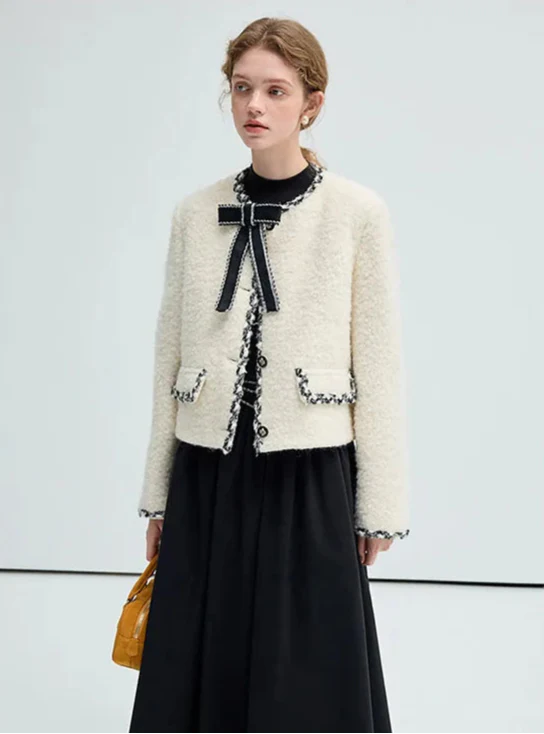 Short Wool Elegant Bow Detail Jacket