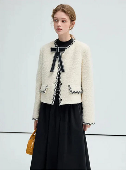 Short Wool Elegant Bow Detail Jacket