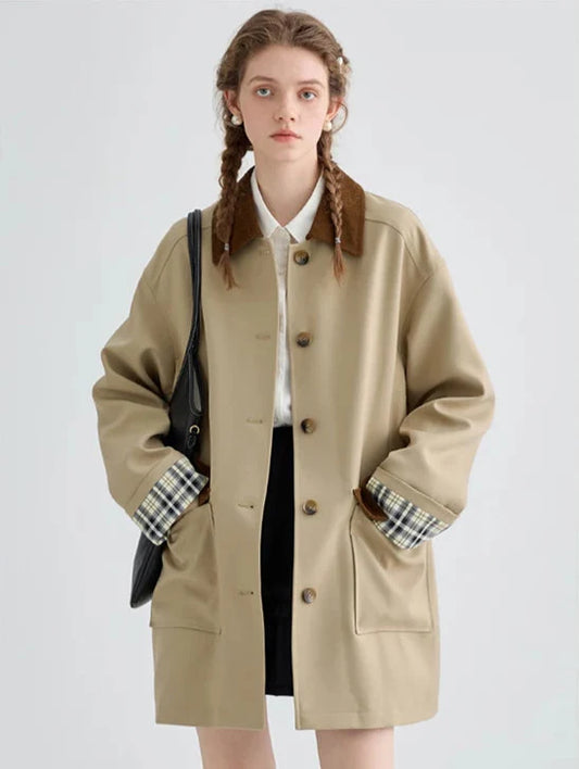 British Style Mid-Length Contrast Color Trench Coat