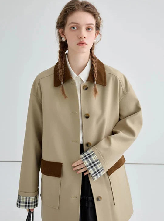 British Style Mid-Length Contrast Color Trench Coat