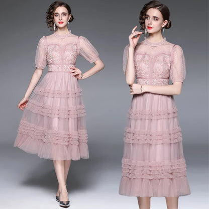 Lace Trim Ruffled Midi Dress – Vintage-Inspired Elegance