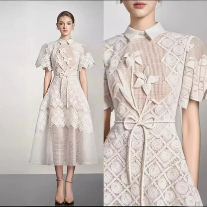 Elegant Lace & Embroidery Detail Midi Dress