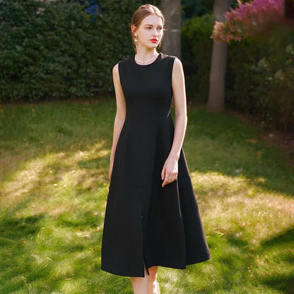 Classic Black Sleeveless A-Line Midi Dress with Slit