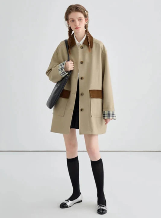 British Style Mid-Length Contrast Color Trench Coat