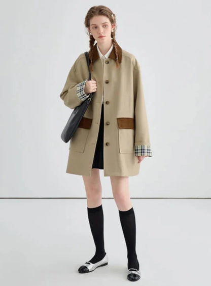 British Style Mid-Length Contrast Color Trench Coat