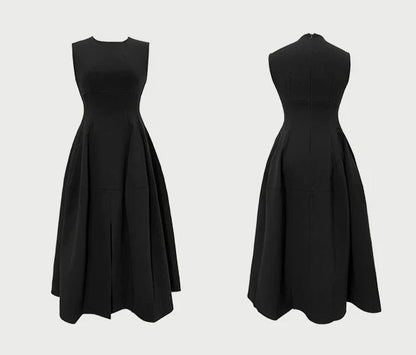 Classic Black Sleeveless A-Line Midi Dress with Slit