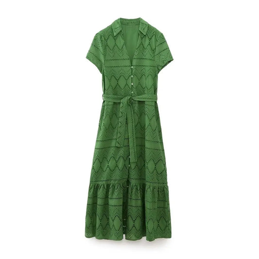 Elegant Embroidered Shirt-Style Midi Dress – Feminine, Cotton Comfort