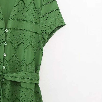 Elegant Embroidered Shirt-Style Midi Dress – Feminine, Cotton Comfort