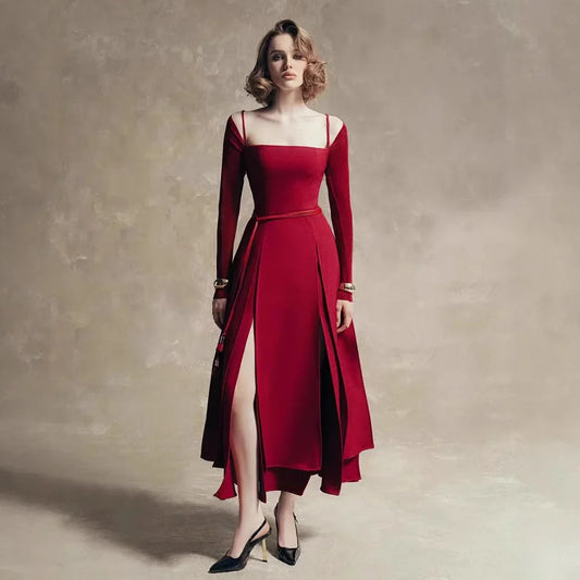 Luxury Cutout High-Neck Maxi Dress – Long Sleeve Red Elegance